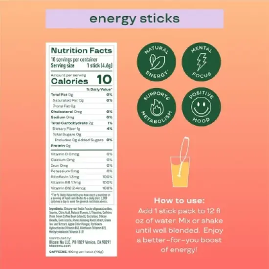 BLOOM NUTRITION Natural Energy Stick Packs Peach Mango - 10pk image {3}