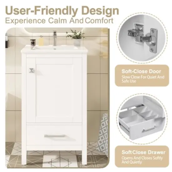 20-Inch Modern Bathroom Vanity with Ceramic Sink, Soft-Close Drawer & Door, Double-Layer Door Organizer, Divider Drawer, Adjustable Foot Pads image {12}