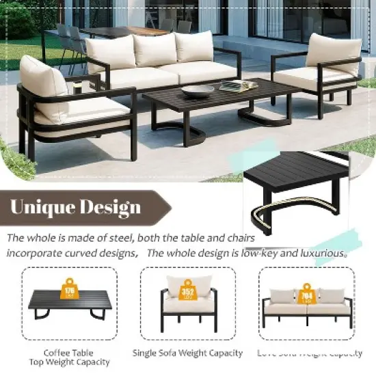 Fred 4-Piece Simple Design Patio Conversation Set, Steel Frame Sofa Set with Large Size Coffee Table, Outdoor Furniture - Maison Boucle image {4}
