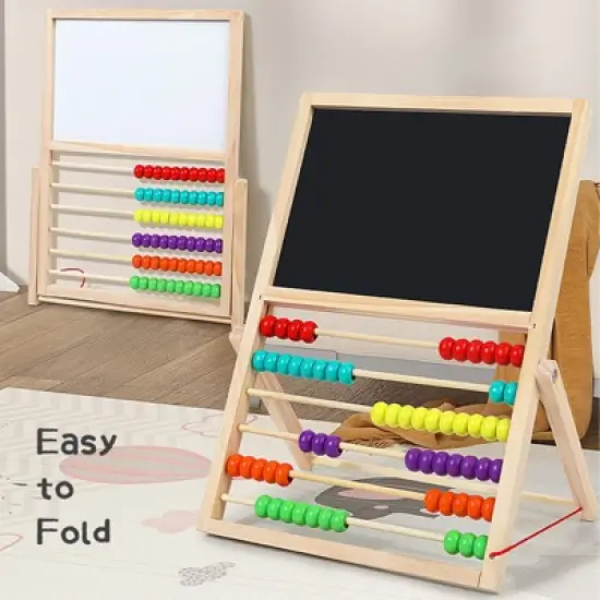 2-in-1 Kids Wooden Art Easel with Abacus  Foldable Montessori Learning Toy for Toddlers, Educational Drawing Board with Colorful Counting Beads image {7}