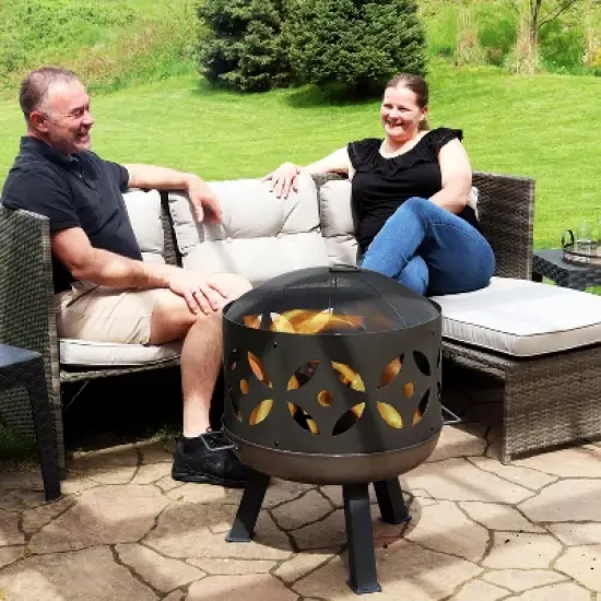 Sunnydaze Outdoor Camping or Backyard Cast Iron Retro Round Fire Pit Bowl with Handles and Spark Screen - 26" - Black image {6}