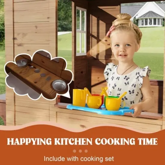 Wooden Play House for Kids, Wooden Play House Outdoor Cottage, Cedar Woodens Kids Playhouse Cottage, Toddler Outdoor Playhouse Vinyl Roof With Kitchen image {4}