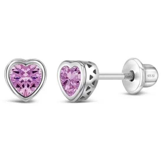 Girl's CZ Birthstone Heart Screw Back Sterling Silver Earrings - In Season Jewelry image {5}