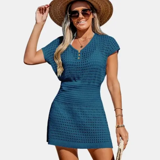 Women's Crochet Knit Cutout V-Neck Cover-Up Mini Dress - Cupshe image {11}
