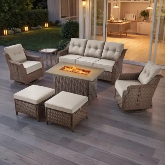 POCASSY 7 Piece 6 inch Thick Upholstered Cushion Patio Furniture Set with Fire Pit Table, All Weather Brown Wicker Outdoor Conversation Set for Deck image {2}
