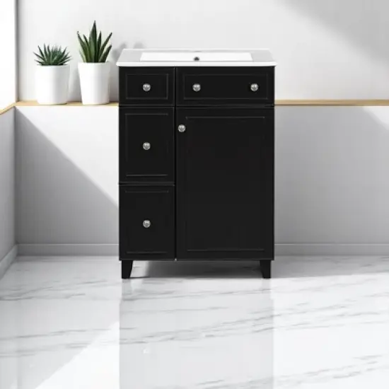 Mshliw 24" Bathroom Vanity with Ceramic Sink, 2 Drawers, Soft-Close Door, Freestanding Cabinet for Small Spaces, MDF and Wood image {9}