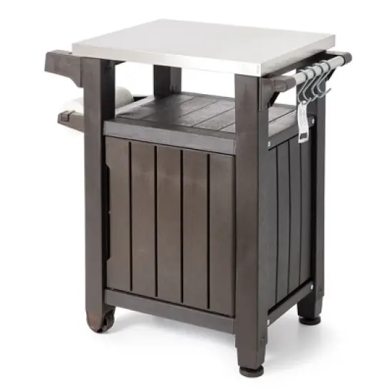 Keter Unity Portable 40 Gal Outdoor Table and Storage Cabinet w/ Accessory Hooks, Stainless Steel Top for Patio Kitchen Island or Bar Cart image {7}