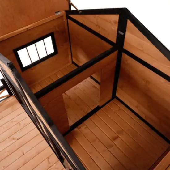 PawHut 59"x64"x39" Wood Large Dog House Cabin Style Elevated Pet Shelter w/Porch Deck image {6}