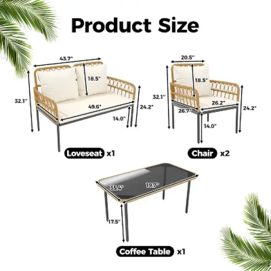4-Piece Outdoor Patio Furniture Set, All-Weather PE Rattan Wicker Loveseat & Chairs with Glass Coffee Table & Steel Frame, Boho Conversation Set image {1}
