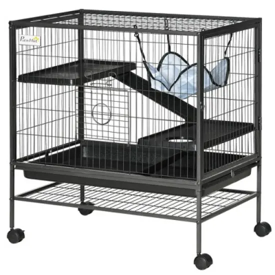 PawHut 3-Story Small Animal Cage, Metal Ferret Cage, Chinchilla Play House, with Casters Hammock No Leaking Tray Storage Shelf, 31.5"x20.5"x33" image {3}