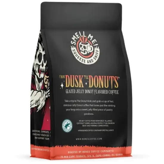 Bones Coffee Company From Dusk Till Donuts Whole Coffee Beans Jelly Donut Flavor 12 oz Medium Roast (Whole Bean) image {1}