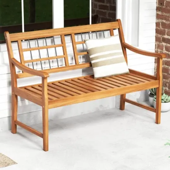 Costway Outdoor Acacia Wood Bench 2-Person Patio Bench with Slatted Seat &  Backrest image {3}
