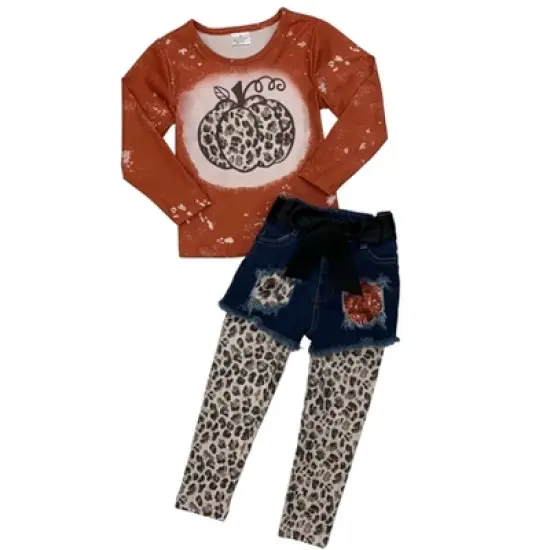 Girls Posh Pumpkin Top, Patched Denim Shorts & Legging Set - Mia Belle Girls image {1}