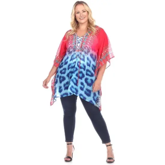 Women's Plus Size Animal Print Caftan with Tie-up Neckline - One Size Fits Most Plus - White Mark image {7}