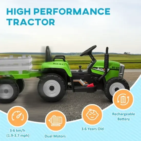 Aosom 12V Ride on Tractor w/ Trailer, 25W Dual Motors, Battery Powered Electric Tractor w/ Remote Control, Music, Startup Sound, Horn, Lights image {4}