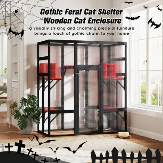 Sevobal Pet Crates and Houses Gothic Outdoor Large Cat Catio with Platforms and Condos, Patio Cat Window Box, Weatherproof, Black, 62.6"*32.3"*70.1" image {1}