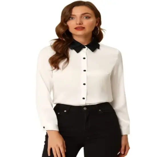 Allegra K Women's Work Tops Long Sleeve Contrast Collar Satin Button Down Shirt image {7}