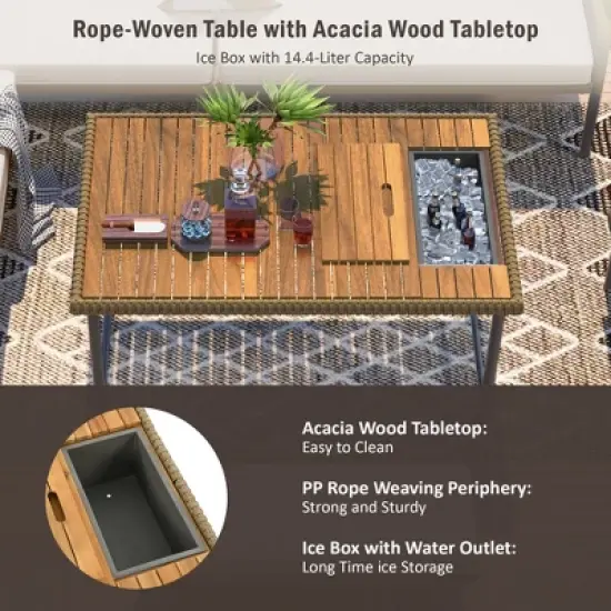 KTMBDW 6-Piece Rope Patio Furniture L-Shaped Set, Outdoor Sectional Sofa Set with Acacia Wood Table with Ice Box, Rope Benches for Garden, Porch, Deck image {4}