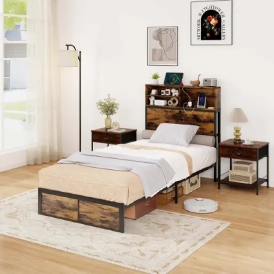 Costway Twin/Full/Queen/King Bed Frame with Charging Station Storage Headboard Under-bed Storage Space image {4}