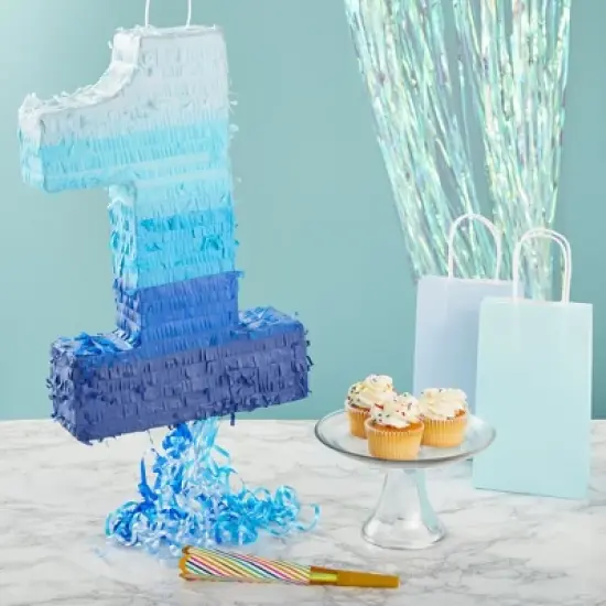 Blue Panda Number 1 Pull String Pinata for Boys, 1st Birthday Party Decorations, Ombre Blue, 16.5 x 11.5 x 3 In image {1}