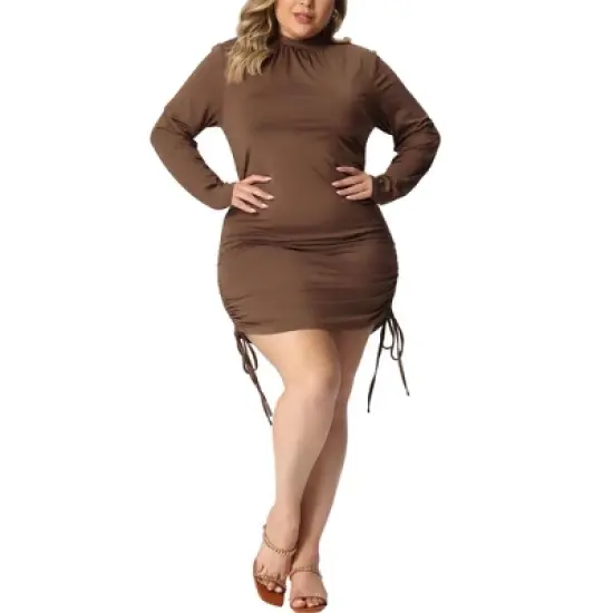 Agnes Orinda Women's Plus Size Bodycon Drawstring Ruched Long Sleeve Party Cocktail Mini Dress image {5}