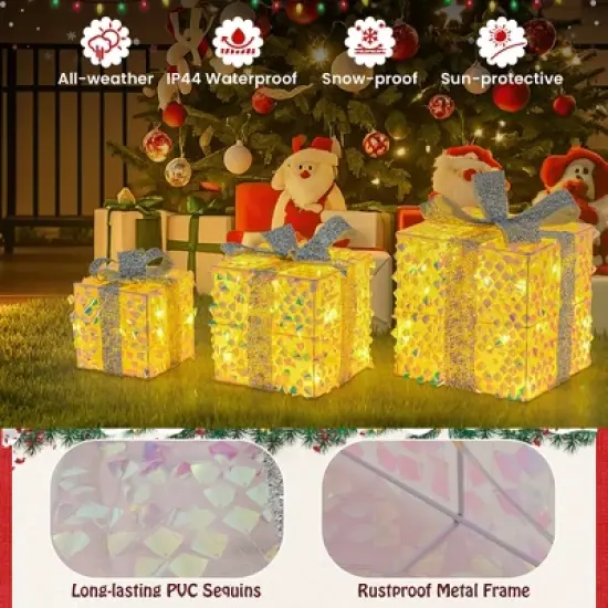 Tangkula Set of 3 Christmas Lighted Gift Boxes Pre-lit 90 LED Light Up Present Box Decorations with Bows and Plug image {9}