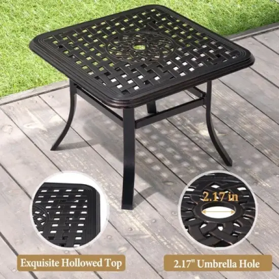 Crestlive Products Cast Aluminum Patio Side Table Outdoor Square Anti-Rust with Umbrella Hole Coffee Bistro Table  24&rsquo;&rsquo; Black with Bronze Spot image {2}