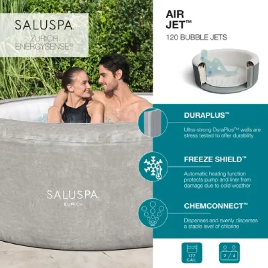 Bestway SaluSpa Zurich AirJet 2 to 4 Person Inflatable Hot Tub Round Portable Outdoor Spa with 120 Soothing Jets and Cover, Gray image {2}