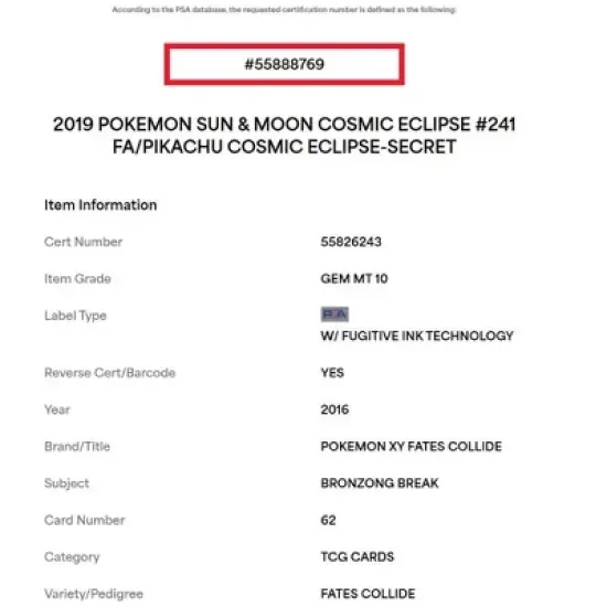 2019 Pokemon Sun and Moon Cosmic Eclipse Secret Rare Pikachu #241 PSA GEM MT 10 (Graded Card) image {2}