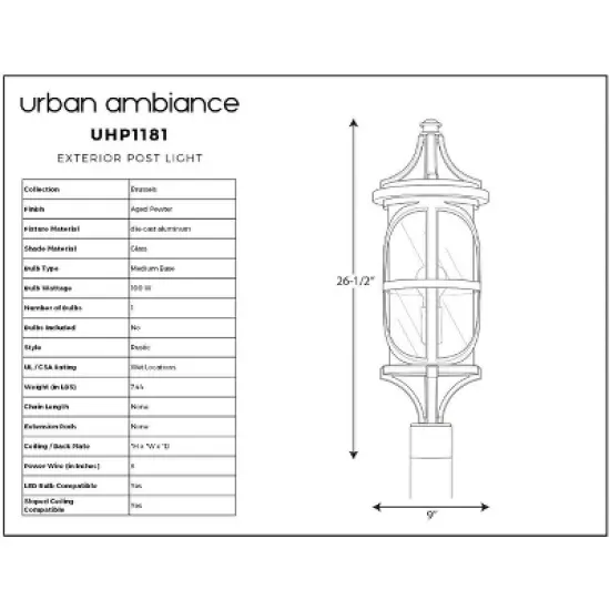 Urban Ambiance Luxury Rustic Outdoor Post / Pier Light,  26-1/2" x 9",  Aged Pewter Finish, UHP1181 image {5}