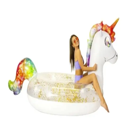 PoolCandy Gigantic Rainbow Unicorn Glitter Pool Raft Ultra Durable Sun Tan Fun Great For Pools, Lakes, And More image {3}