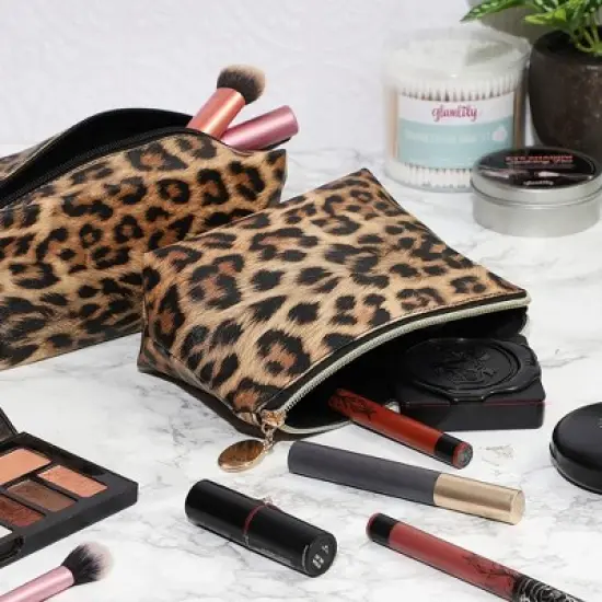Glamlily 2-Pack Small Leopard Print Travel Cosmetic Makeup Bag, Jewelry Pouch Toiletry Organizer For Women image {1}