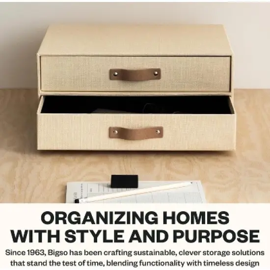 Bigso Birger 2-Drawer Desktop Organizer &ndash; A4/Letter Size Paper Storage with Leather Handles, Cream image {5}