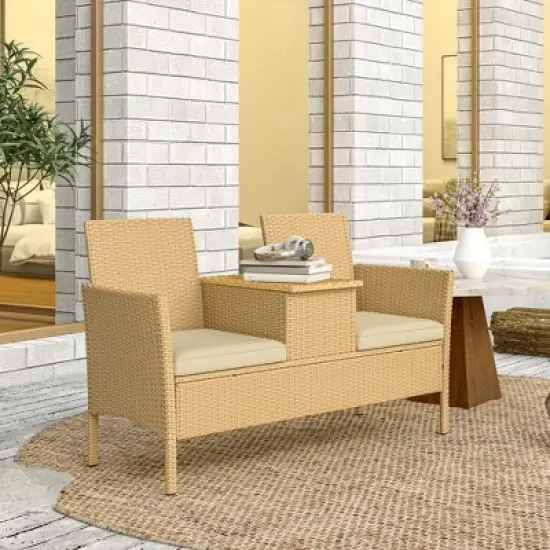 Outsunny Rattan Patio Loveseat with Built-in Flip-Top Coffee Table, Outdoor Wicker Sofa with Cushions for Balcony, Garden, Lawn, Backyard, Khaki image {4}