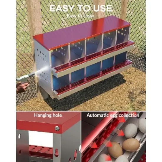 Red 10-Compartment Wall-Mountable Metal Chicken Nesting Box, Roll Away Rustproof Design, Ventilated with Perch & Waterproof image {1}