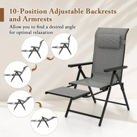 Tangkula Folding Patio Chairs Set of 2 Lounge Chairs w/ 10-Level Adjustable Backrests image {7}