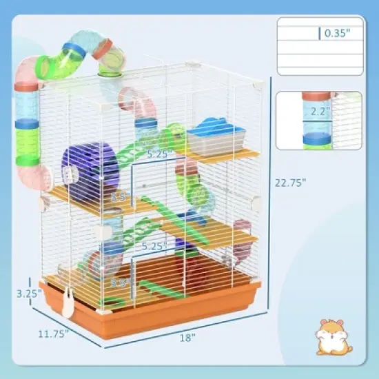 Gulches 18" 5 - Tier Hamster Cage with Tubes, Tunnels, Water Bottle, Food Dish, Exercise Wheel - Orange, Ideal for Gerbils Too image {5}