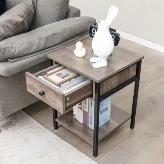 Tangkula Industrial End Side Table Nightstand with Drawer Shelf Rustic Grey Oak image {1}