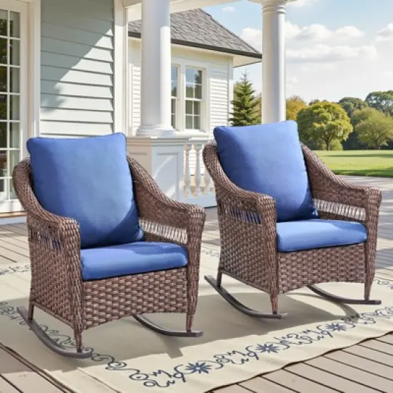 Patio Furniture Set 3 Pieces, Wicker Rocking Bistro Set with Thick Cushions, Outdoor Rocker Chairs and Coffee Table for Porch, Backyard or Garden image {7}