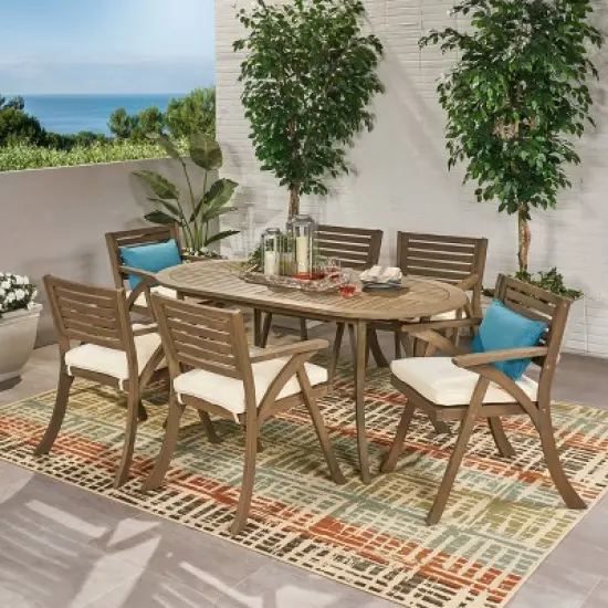 Hermosa 7pc Acacia Wood Oval Dining Set Gray/Cream: Weather-Resistant, 6-Seater - Christopher Knight Home image {6}