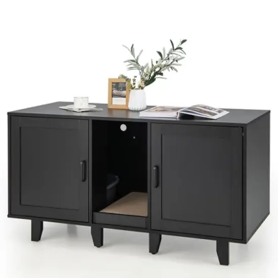 Tangkula Cat Litter Box Enclosure TV Stand Cabinet Hidden Cat House Washroom W/ 2 Doors image {10}