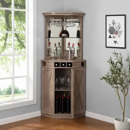 Home Source Charcoal Corner Bar Unit with built-in Wine Rack and Lower Cabinet image {5}