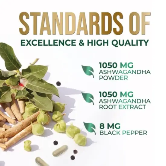 Organic Ashwagandha Capsules 2100mg Supplement w/ Black Pepper Root Powder - 60 Capsules;120 Capsules;180 Capsules image {8}