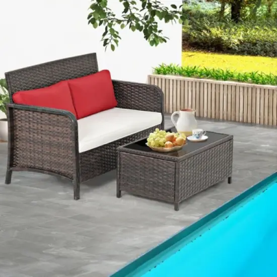 Tangkula 2PCS Patio Rattan Furniture Set Loveseat w/Coffee Table for Garden Porch Backyard Brown image {2}