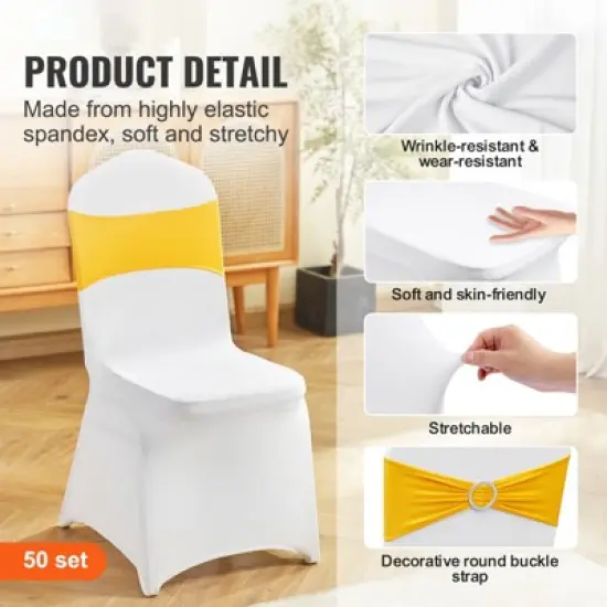 VEVOR Stretch Spandex Folding Chair Covers, Universal Fitted Chair Cover with Chair Sashes, Removable Washable Protective Slipcovers, Gold & White image {2}