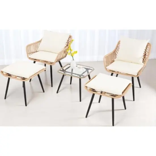 5-Piece Patio Bistro Set with Ottoman, Outdoor Wicker Furniture with Tempered Glass Table, Chairs and Footrests for Balcony, Porch, or Poolside image {7}