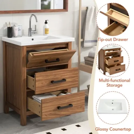 24" Bathroom Vanity with Ceramic Basin Sink and 3 Drawers, Natural - ModernLuxe image {8}