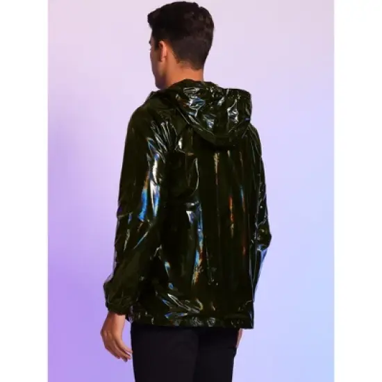 Lars Amadeus Men's Solid Zipper Sparkle Shiny Holographic Hooded Metallic Jacket image {2}