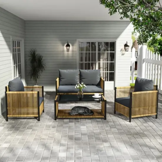 FIONECA 4-Piece Outdoor Brown PE Wicker Sofa Set with Grey Cushions, Sectional Patio Furniture for Backyard, Garden, Porch, Balcony image {2}
