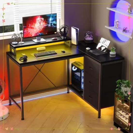 L-Shaped Computer Desk with 4 Power Outlets, 2 USB Ports, 7-Color LED Lights image {1}